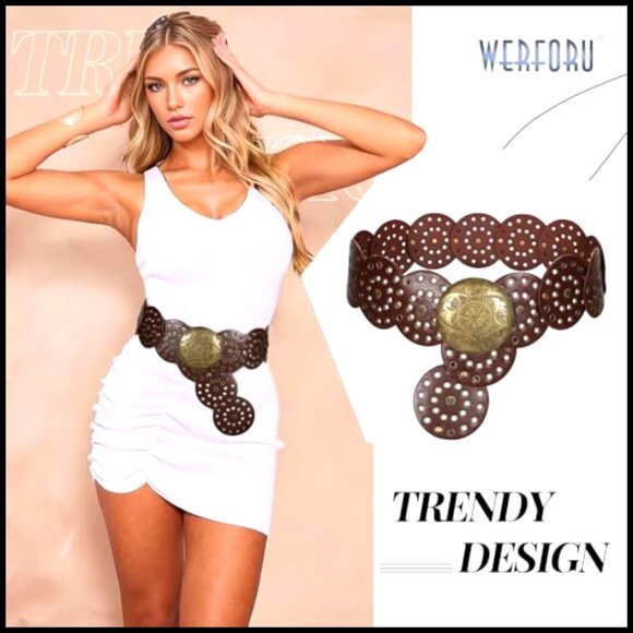Vintage Western Belt Boho Style Adjustable Waist Disc Buckle PU Leather main image 5